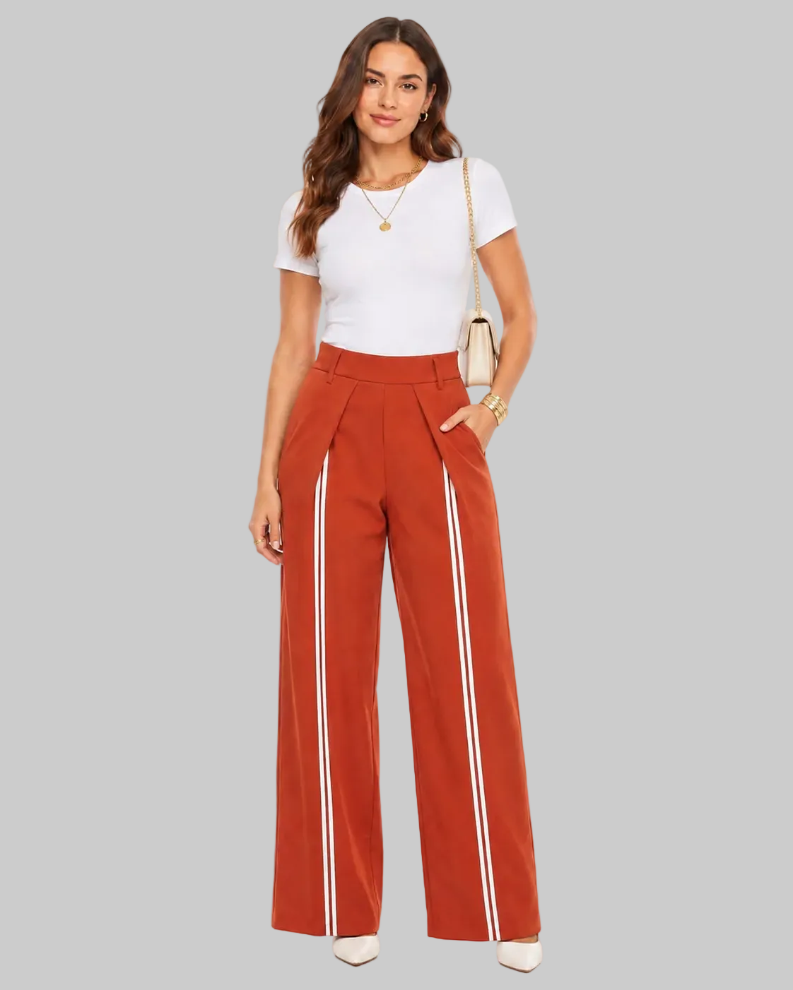 PANTALÓN PALAZZO DE PINZAS CON RAYAS DELANTERA
