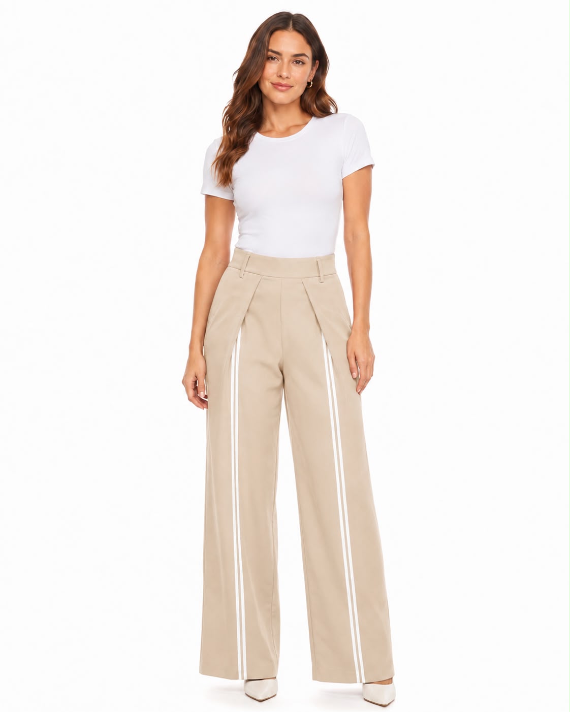 PANTALÓN PALAZZO DE PINZAS CON RAYAS DELANTERA