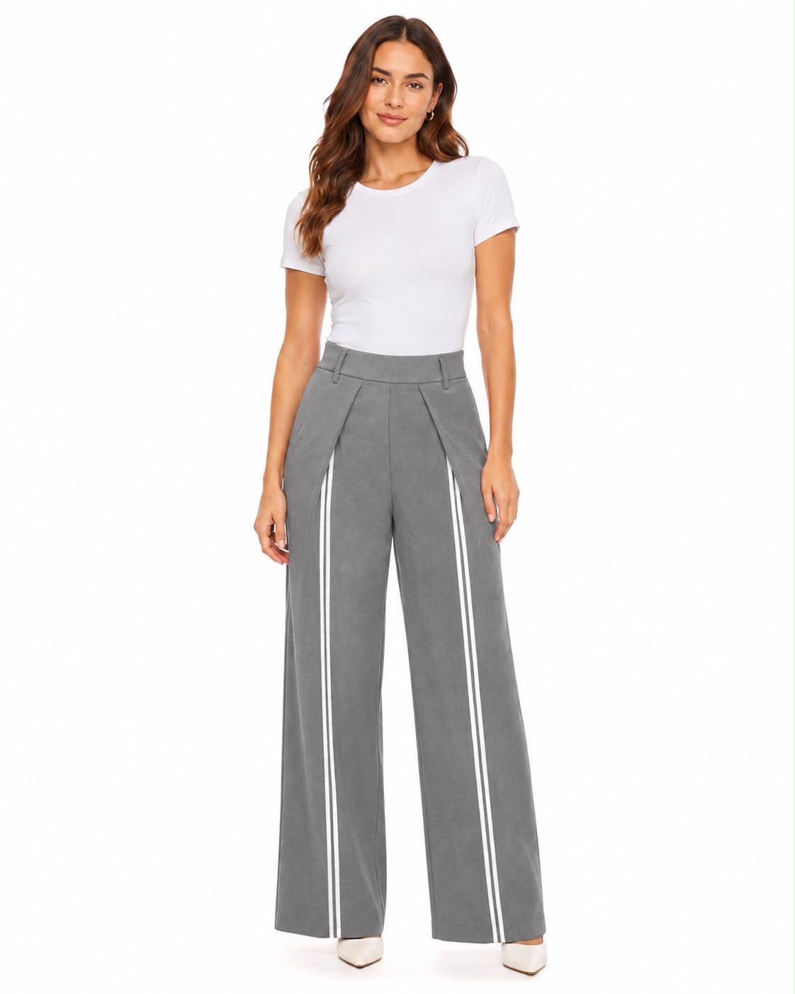 PANTALÓN PALAZZO DE PINZAS CON RAYAS DELANTERA