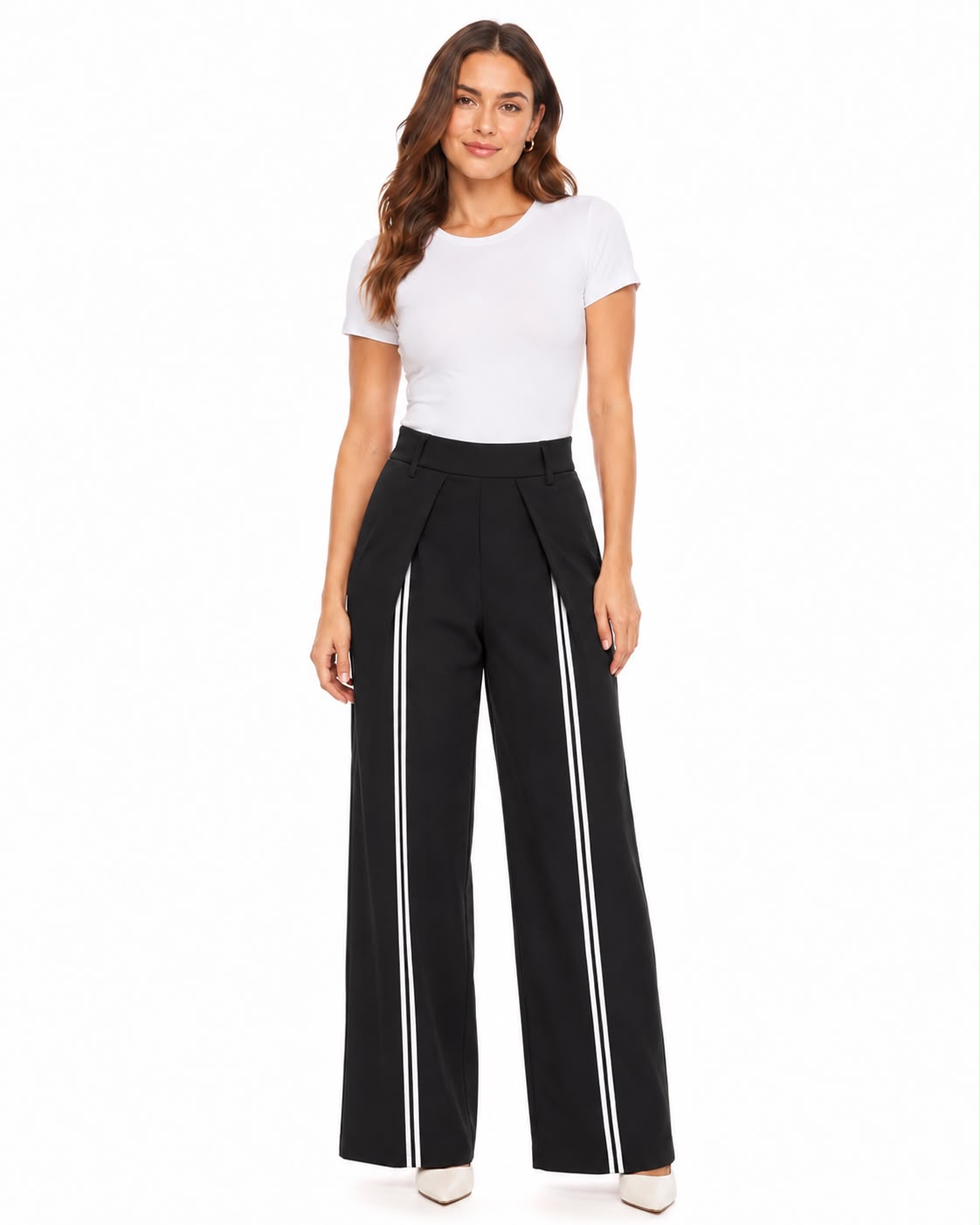 PANTALÓN PALAZZO DE PINZAS CON RAYAS DELANTERA
