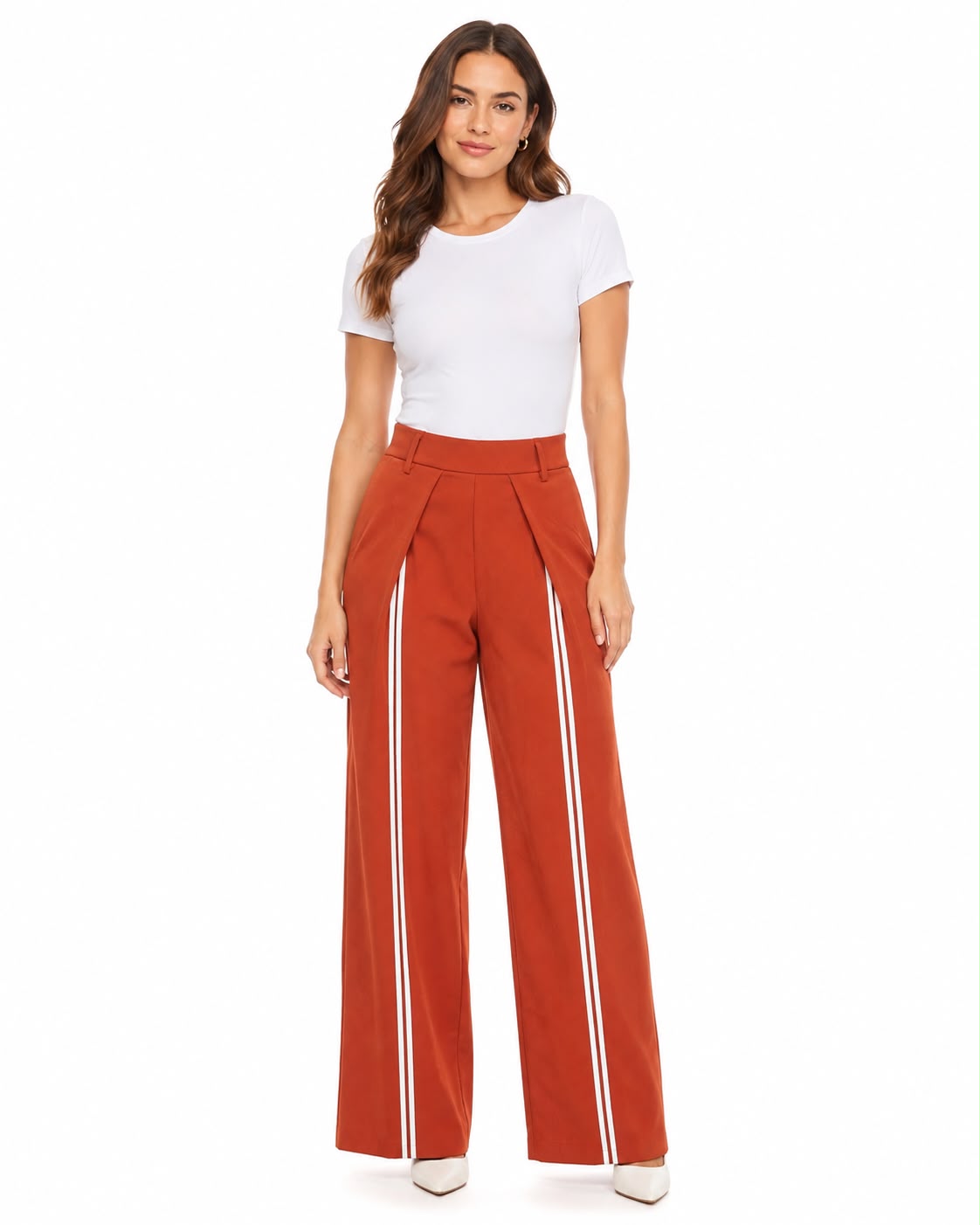 PANTALÓN PALAZZO DE PINZAS CON RAYAS DELANTERA