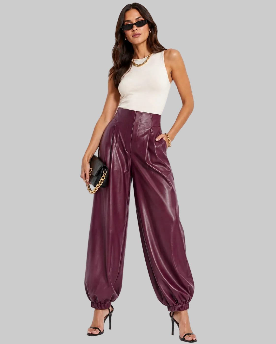 FAUX LEATHER PLEATED TROUSERS WITH CUFF