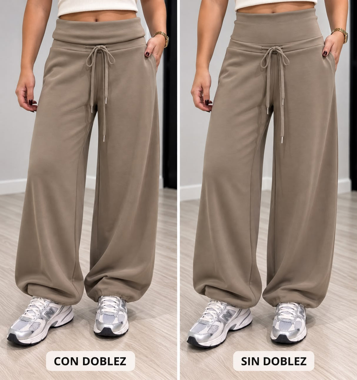PANTALÓN CON DOBLEZ EN CINTURA Y BAJO AJUSTABLE